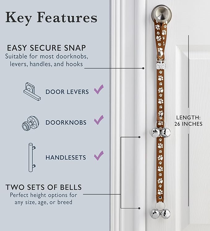 PoochieBells Dog Doorbell, Dog Potty Training Bells, Dog Safe USA-Made w/Perfect Sound,Dog Trainer Approved, Housetraining Made Easy & Quick, Sig Tracks Brown