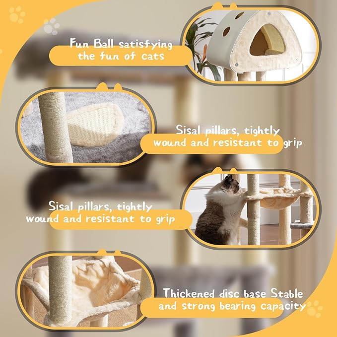 Cat Tree Tower, 56.3-Inch Multi-Level Cat Tree for Indoor Cats with Scratching Posts, Condos, Plush Perches, Hanging Cat Toy, Cute Cat Tree for Kittens & Adult Cats, Grey