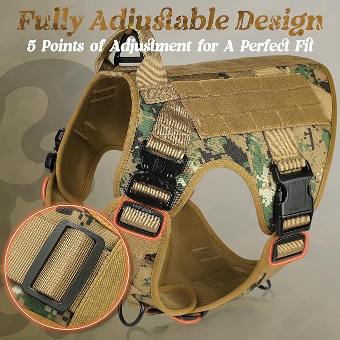 rabbitgoo Tactical Dog Harness for Large, Heavy Duty Pet Harness with Handle, No-Pull Service Vest Large Breed, Adjustable Military Dog Vest for Training Hunting Walking, Brown Camo, XL