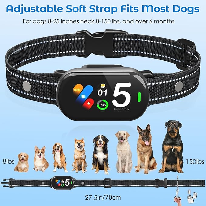 Bark Collar for Small Medium Large Dogs, Rechargeable Smart Dog Bark Collar, Anti Barking Training Collar with 5 Adjustable Sensitivity,Bark Shock Collar with Beep Vibration (Silver)