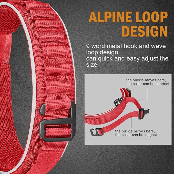 HYDEME Tactical Dog Collar, Alpine Loop Adjustable Military Training Nylon Dog Collars with Handle and Reflective for Small Medium Large Dogs, with Airtags Protective Case & Patches.(L,Red)