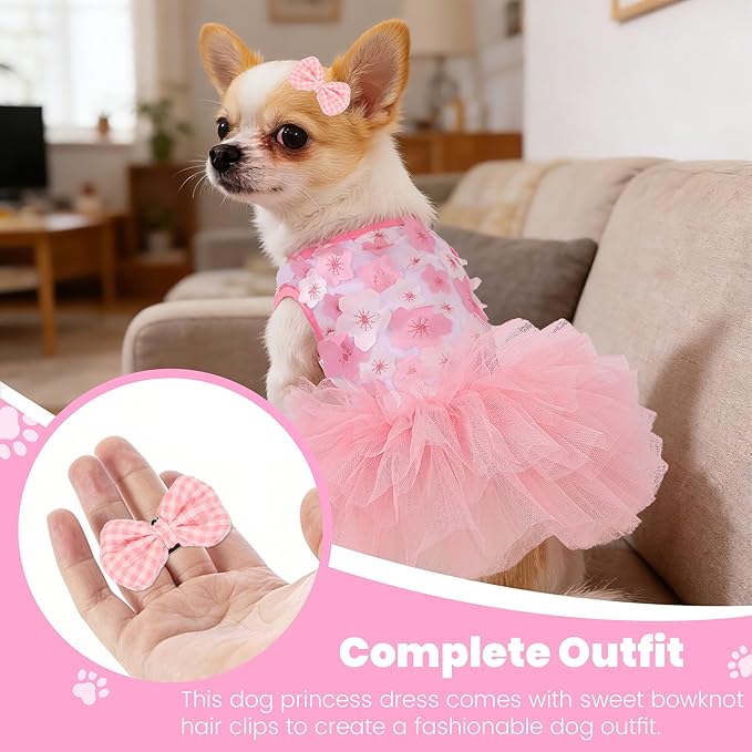 Dog Dress, Fashion Puppy Tutu Princess Dresses for Small Dogs Girl, Sweet Skirt with Dog Bowknot Clips, Spring Dog Cat Clothes Pet Apparel (Pink Floral Dress, Medium)