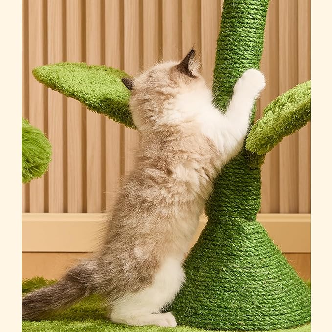Happy & Polly 42-inch Flower-Shaped Cat Tree with Sisal Scratching Post, Modern Wood Color, Floor Mount, Indoor Climbing