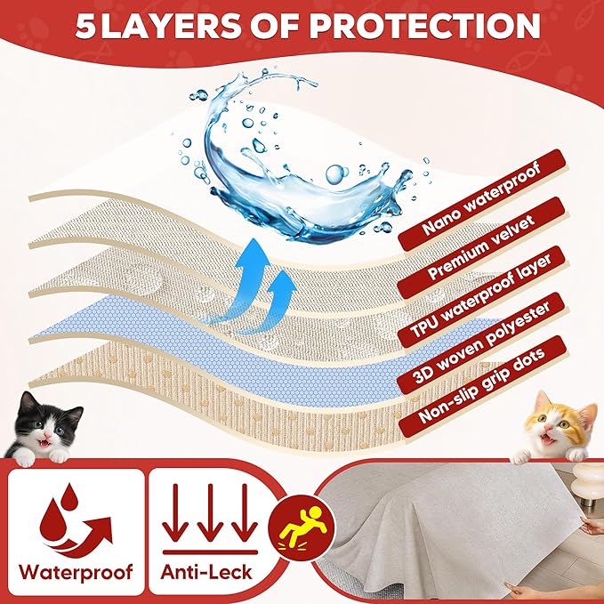 Cat Scratch Furniture Protector - Anti-Slip, Waterproof Sofa Cover to Keep Cats Off, Pet-Friendly Couch Protectors for 3 Cushion Couch, Khaki Anti-Scratch Couch Cover for Pets and Kids 150"X71"