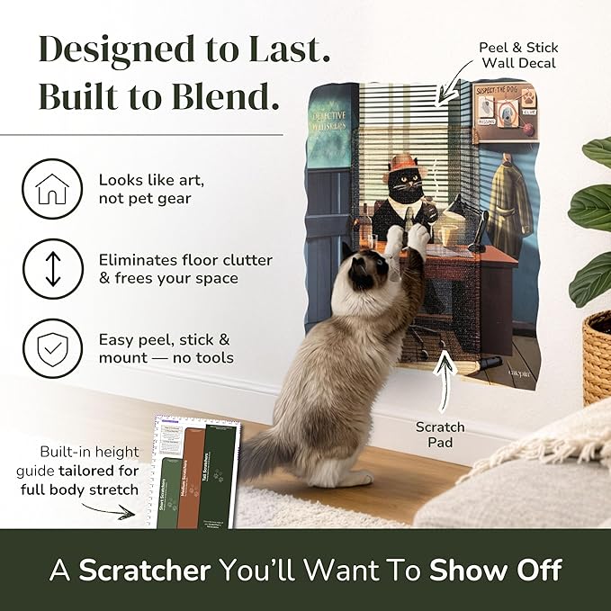 Vertical Cat Scratcher - Removable Wall Mounted Cat Scratcher and Art Decal – Wall Scratch Pad for Cats with Sisal Cat Scratcher – Large Protective Wall Scratchers for Indoor Cats