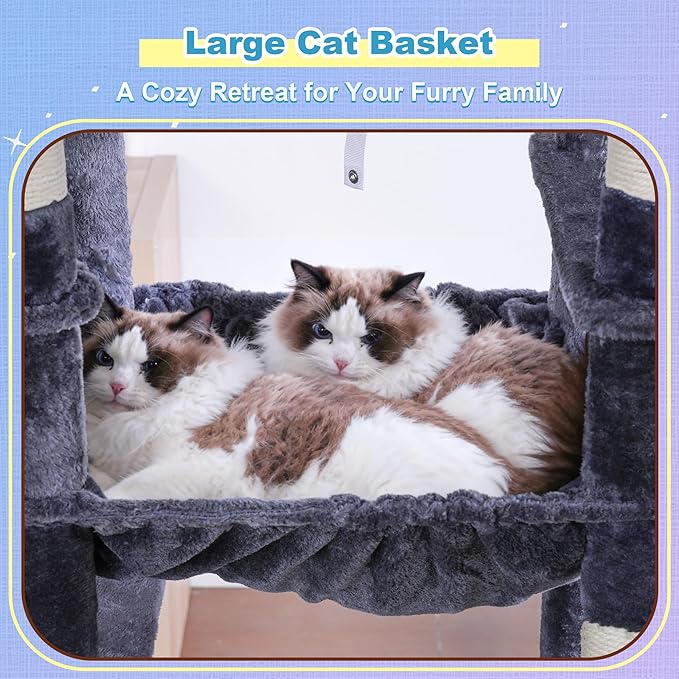 Hey-brother Cat Tree Tower, Scratching Posts with Extra Large Platform and Basket, Specious Condo, 2 Cozy Hammocks, Scratch Board for Indoor Adult Cats, Maine Coon 71.7 inches, Smoky Gray MPJ080G