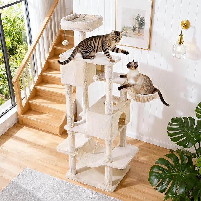 Cat Tree for Indoor Cats, 66 Inches Cat Tower with Scratching Post, Multi-Level Climbing Tree Cat House Padded Plush Perch, Cat Condo Activity Center with Pompoms, Kittens Pet Play House, Light Gray