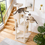 Cat Tree for Indoor Cats, 66 Inches Cat Tower with Scratching Post, Multi-Level Climbing Tree Cat House Padded Plush Perch, Cat Condo Activity Center with Pompoms, Kittens Pet Play House, Light Gray
