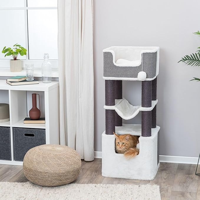 Trixie Lucano XXL Cat Tree, 43.3 -in Cat Tower with 8 Jute Scratching Posts, Hammock & Plush & Sisal Covered Condo, Sturdy Base, Interactive Pom-Poms, Indoor Furniture for Climbing & Relaxation, Gray
