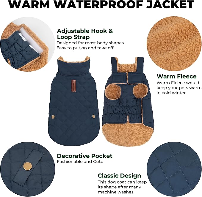 Dog Coat, Warm Soft Dog Winter Coats for Small Dogs, Waterproof Windproof Dogs Adjustable Jacket with Fleece Lined Turtleneck Doggy Snowsuit with Leash Hole, Navy Large