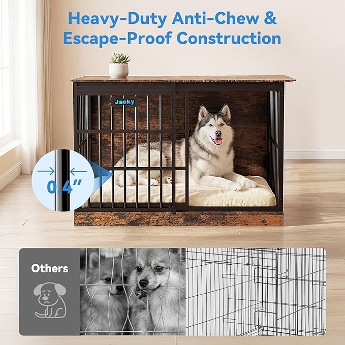 Petrova 47" Dog Crate Furniture with Name Tag, Heavy Duty Dog Kennel Indoor for Large/Medium Dogs, Wooden Dog Cage with Sliding Door, Decorate House as TV Stand, End Table, Rustic Brown
