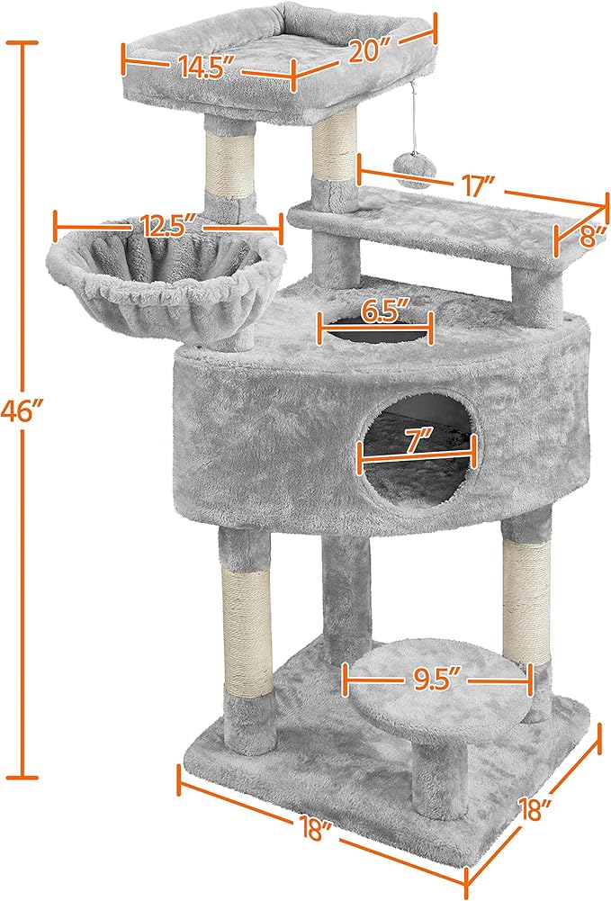 Topeakmart 46'' Cat Tree Cat Tower, with Thicker Scratching Posts, Larger Plush Perch, Spacious Condo, Basket, Multi-Level Cat Condo Furniture for Indoor Cats Kitty Pet Play House