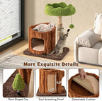 PETSITE 29 Inch Small Cat Tree for Indoor Cats, Modern Wooden Cute Cat Tree with Jute Scratching Post, Tree-Shaped Spring Toy, Teasing Hanging Ball and Teddy Fleece Covered Condo