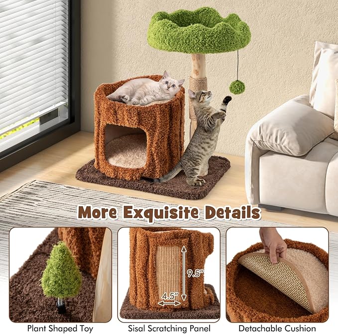 PETSITE 29 Inch Small Cat Tree for Indoor Cats, Modern Wooden Cute Cat Tree with Jute Scratching Post, Tree-Shaped Spring Toy, Teasing Hanging Ball and Teddy Fleece Covered Condo