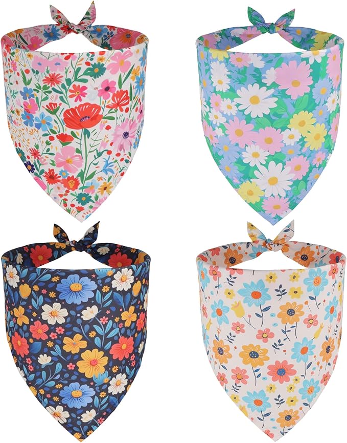 ADOGGYGO 4 Pack Floral Dog Bandanas, Colorful Flower Pet Scarf Bib, Spring Summer Floral Bandanas Costume Accessories for Medium Large Dogs (Large)