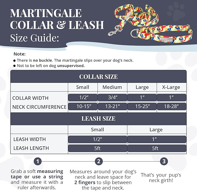 Lucky Love Dog Martingale Dog Collar & Leash - Adjustable, No-Slip, Durable, Comfortable, Soft Webbing, & Stylish Patterned Collar & Leash Set for Male and Female Dogs - Oscar Combo, Large
