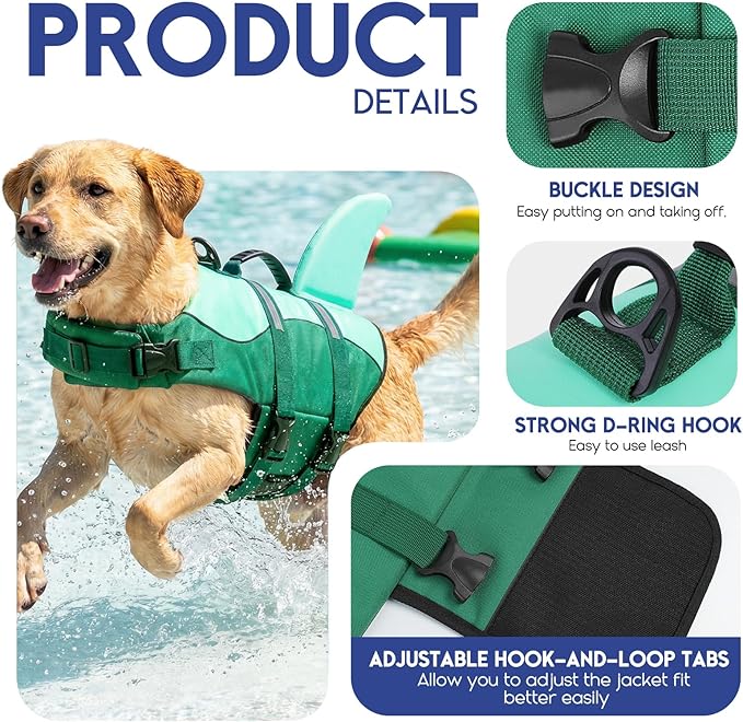 ASENKU Dog Life Jacket - Pet Safety Vest for Swimming & Boating, Shark Life Jacket with Floatation, Dog Lifesavers Swimsuits for Small Medium Large Dogs (MintMix, 2XL)