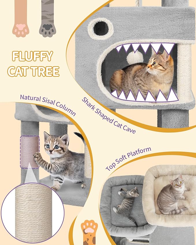 62.6" Cat Tree for Indoor Cats, Cat Tower, Multi-Level Cats Condo with 8 Scratching Posts, 3 Platforms, 2 Caves, Basket, Plush Balls, Sisal Rope, Anti-Tip Kit, Light Grey MS15918LG