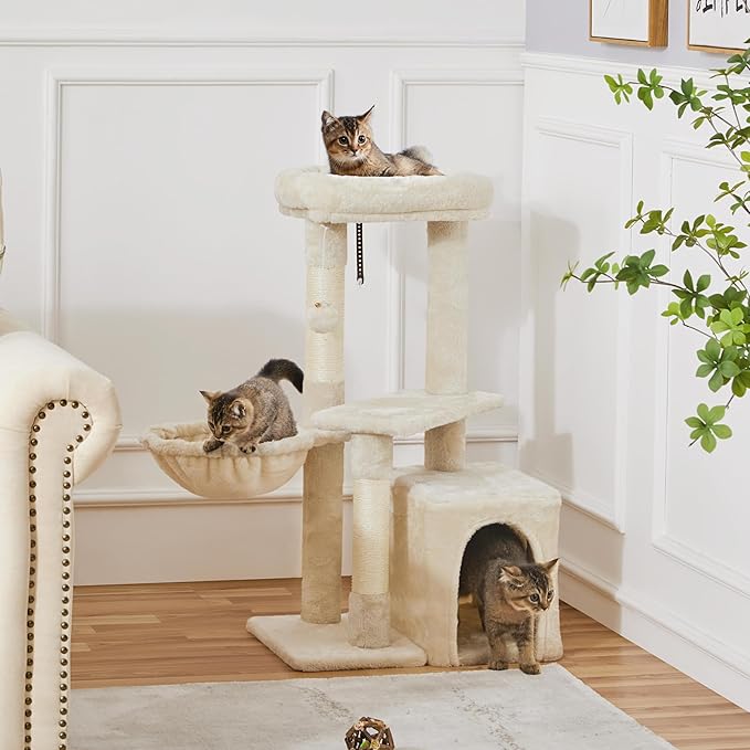 Topeakmart Cat Tree Tower for Indoor Cats, 34.5in Cute Cat Tree Activity Center with Condo & Scratching Post, Multi-Level Cat Climbing Tower Play House w/Large Perch, Platform, Basket, Beige