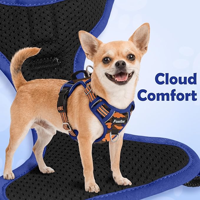Funfox Dog Harness No Pull, Adjustable Pet Vest Harness, Super Soft Material with Vertical Handle Easy Control, Reflective Night Walking, 2 Leash Clips for Large Dogs, Camo Orange, L