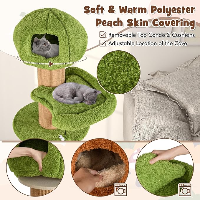 PETSITE 58 Inch Forest-Themed Cat Tree, Multi-Level Cat Tower with 2 Cute Condos, Plush Perch, Teasing Balls, Sisal Posts, Hidden Cave, and Removable Cushions, Modern Cute Cat Tree for Indoor Cats
