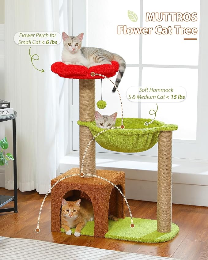 Flower Cat Tree with Sisal Scratching Posts, 35" Cute Cat Tower with Large Green Hammock for Small Indoor Cats, Cactus Cat Litter Scoop with 2 Replaceable Compostable Scoop- Litter Scoop with