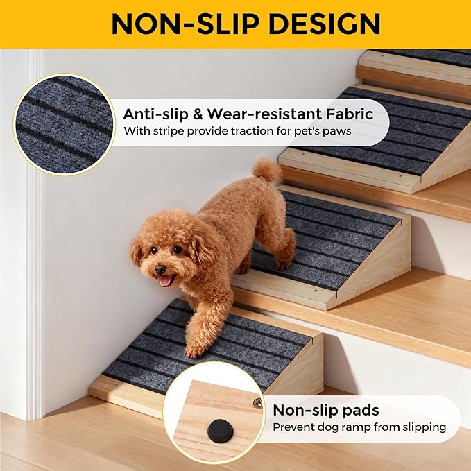 COZIWOW 4 PCS Dog Ramp for Stairs, Non-Slip | Sturdy | Wooden Dog Stairs Pet Ramp for Small Medium Dogs Cat, Pet Steps Stair Wedges Assist for Injured & Older Pets, Gentle Slope Step Stairs(4)