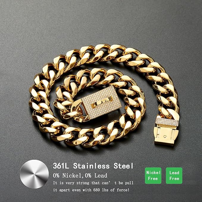 New Gold Dog Chain Collar with Bling Zircon Buckle,19MM Strong Stainless Steel Cuban Link Chain Collar,Dog Necklace Collar for Small Medium,Large Dogs