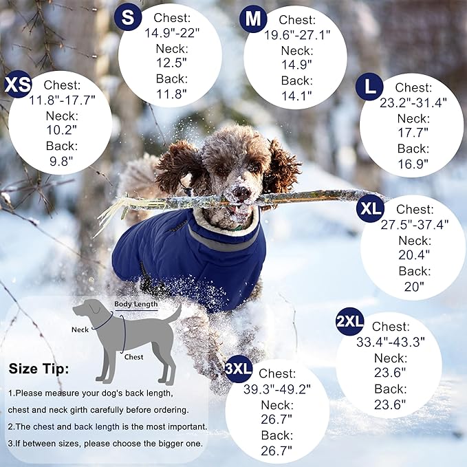 Dogcheer Dog Coat, Waterproof Dog Jacket with Harness, Reflective Adjustable Puppy Winter Coat with Zipper, Christmas Snow Jacket Clothes for Small Medium Large Dogs - Blue XS