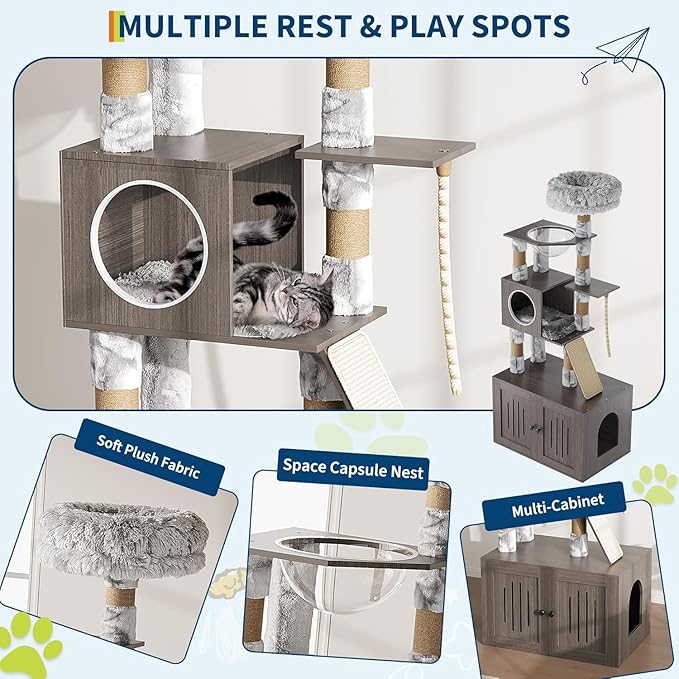 Cat Tree Tower with Litter Box Enclosure 66.9in Condo with Perch & Scratching Posts - Plush Nest, Multi-Tier Play & Rest