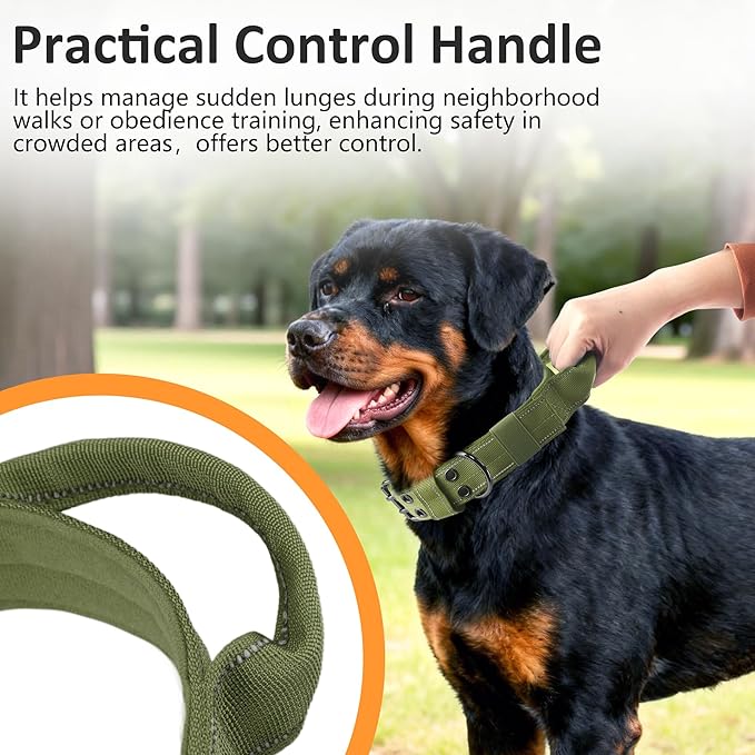 Tactical Dog Collar with Control Handle, Military Adjustable Pet Collar Reflective Heavy Metal Buckle Dog Collar, Soft Nylon Training Collar for Medium Large Dogs (Green, Medium)