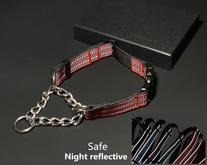Martingale Collars for Dogs, Heavy Duty Stainless Steel Chain Training Collar, Reflective Nylon Adjustable Collar with Quick Release Buckle, Suitable for Puppy Medium Large Dogs (Red,S)