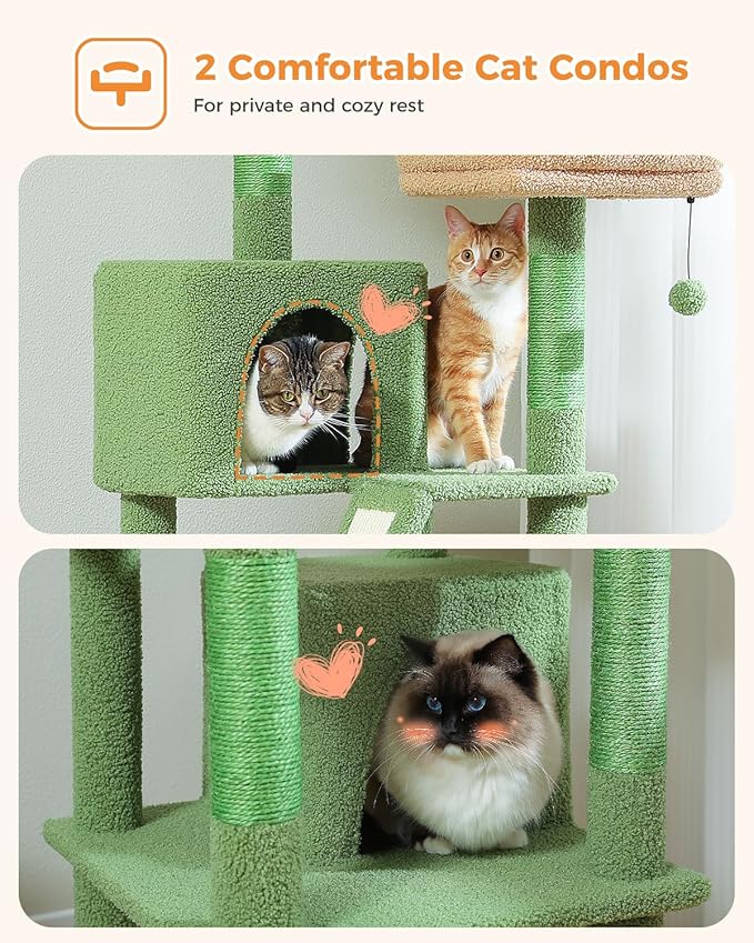 PEQULTI 71'' Cat Tree for Indoor Cats with Big Hammock, Tall Cat Tower for Large Cats with 2 Cat Condo, 2 Soft Top Perch, Scratching Posts and Pad, Green