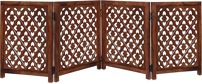 Wooden Foldable Pet Dog Safety Gate - 4 Panels Lattice 20 W x 24 H - Hand Carved Solid Wood & MDF - Free Standing Portable Indoor Doorway Hall Stairs Puppy Fence - Assembled - Antique Brown - IRONGATE