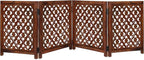 Wooden Foldable Pet Dog Safety Gate - 4 Panels Lattice 20 W x 24 H - Hand Carved Solid Wood & MDF - Free Standing Portable Indoor Doorway Hall Stairs Puppy Fence - Assembled - Antique Brown - IRONGATE