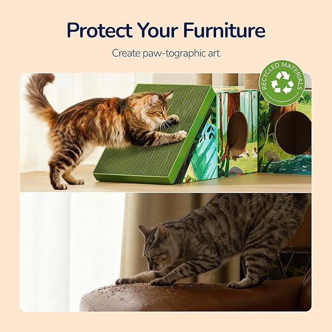 DIY Cardboard Cat House with Scratching Posts, Scratching Board, Multi-Level Cat Tower Playhouse & Tunnel for Kittens & Adult Cats, Recyclable 61.02″ × 36.61″ × 40.2″, Green Forest