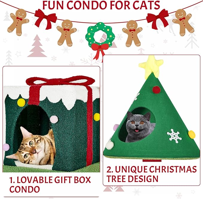 Christmas Cat Tree Tower for Indoor Cats - 45In Multi-Level Cat Climbing Tower with Cat Condos, Xmas Tree Gift Box Shaped Condo Candy Cane Design Cute Cat Tree Tower Holiday Decoration