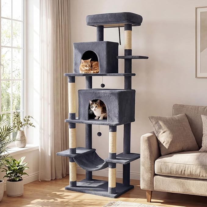 PETSITE 70-inch Tall Cat Tree, Modern Multi-Level Cat Tower with 2 Comfy Condos, Sisal Scratching Posts, Snug Hammock, and Dangling Ball, Ideal for Indoor Cats and Kittens (Dark Grey)
