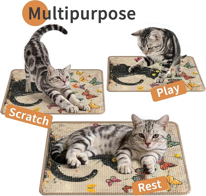 Sisal Cat Scratcher Mat Cat Wall Scratcher for Indoor Scratch Pad Wall Mounted Scratching Post to Protect Couch Carpet Furniture 23.6"x15.7" (Colorful Butterflies Cat)