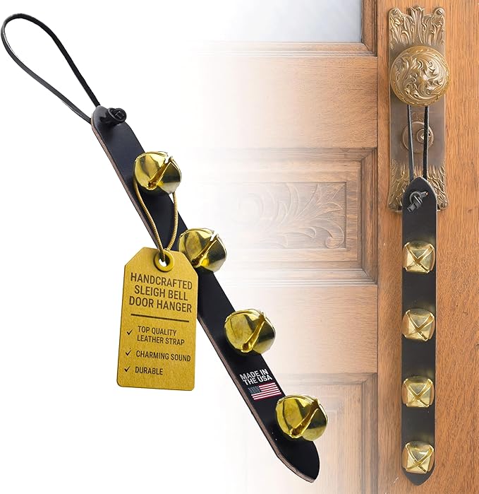 Amish Crafted Leather Strap Arctic Sleigh Bell Door Hanger Hanging Jingle Bells (Black Leather, 14 Inches)