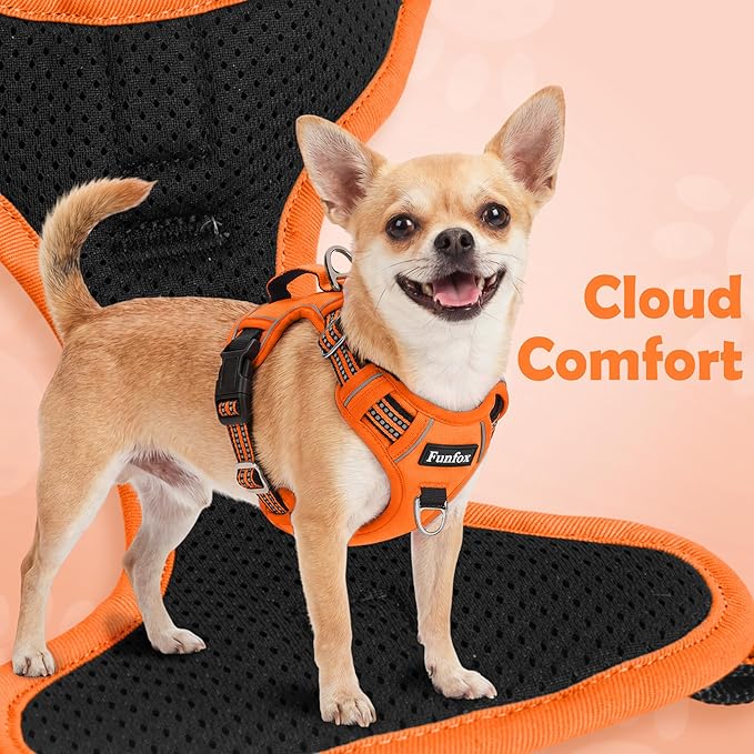 Funfox Dog Harness No Pull, Adjustable Pet Vest Harness, Super Soft Material with Vertical Handle Easy Control, Reflective Night Walking, 2 Leash Clips for XLarge Dogs, Orange, XL