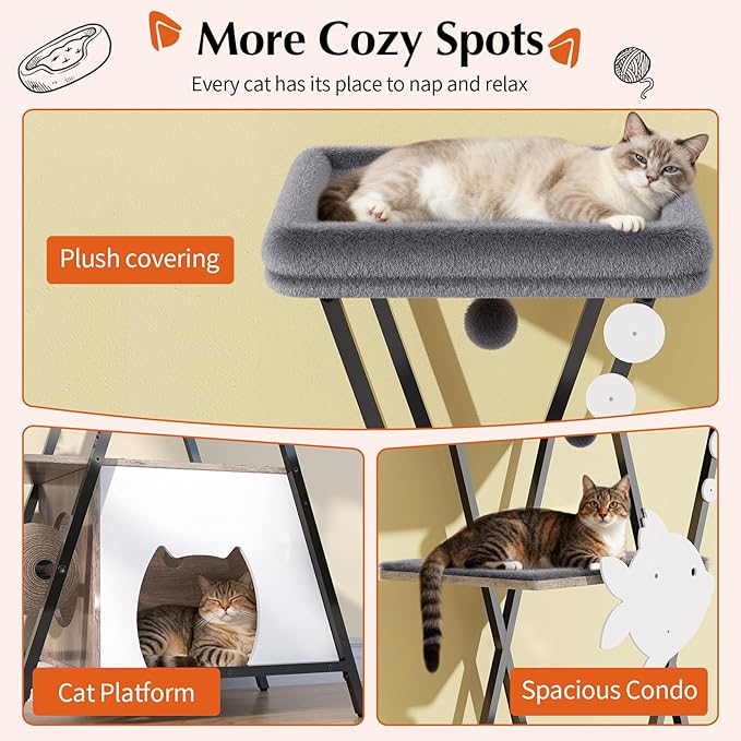 HavenlyYouth Modern Cat Tree for Indoor Cats, Tall Cat Tower with Condo, Multi-Level Cat Tree with Cave, Scratching Board,Removable Pads for Cats, X Style, Light Gray