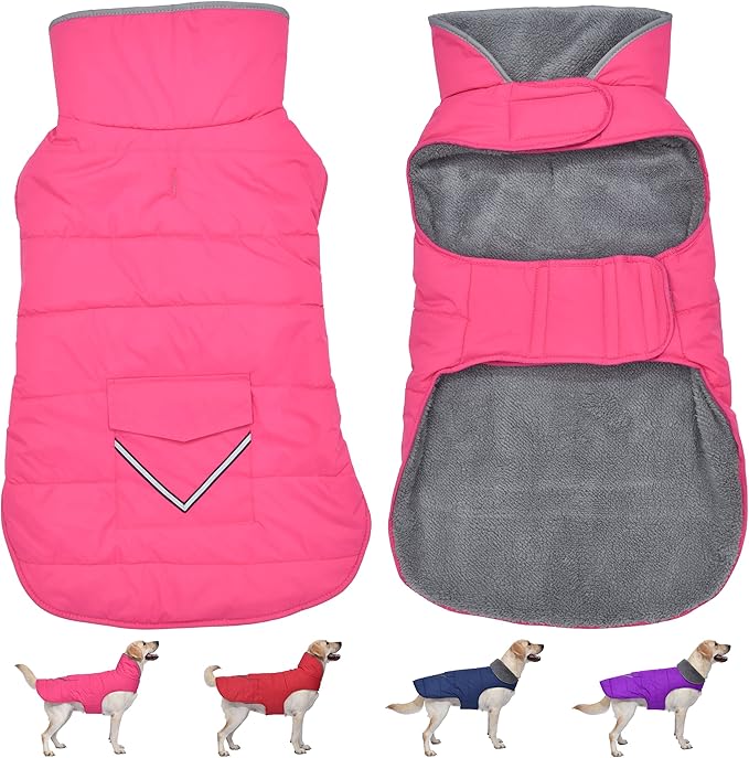 Dog Coat, Waterproof Dog Winter Jacket with Pocket, Reflective Adjustable Pet Snow Vest, Warm Cozy Fleece Sweater for Small Medium Extra Large Dogs - Pink, L
