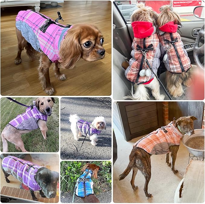 BEAUTYZOO Dog Winter Coat with Harness Built in, Reflective Plaid Puffer Vest Waterproof for X-Small Dogs, Fleece Warm Puppy Zipped Jacket with D Ring, Pet Cold Weather Sweater Clothes, Purple XS