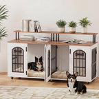 Petrova 63" Dog Crate Furniture for 2 Dogs, Heavy Duty Indoor Dog Kennel for Medium/Large Dogs, Wooden Dog Cage with Removable Divider, 6 Lockable Wheels, Storage Compartment, White