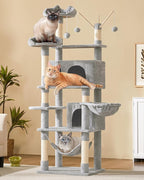 Yaheetech Cat Tree, 67in Large Tower w/ 3 Removable Teaser Sticks, 2 Kitten-Ear Shaped Perches, 2 Condos, Hammock, Scratching Post, Multi Level Pet House, Light Gray