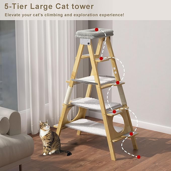 GDLF Modern Wood Cat Tree Foldable Ladder Design with Hammock & Sisal Scratch Post, Solid Wood Tall Tower for Large Cat Easy Clean 60" H