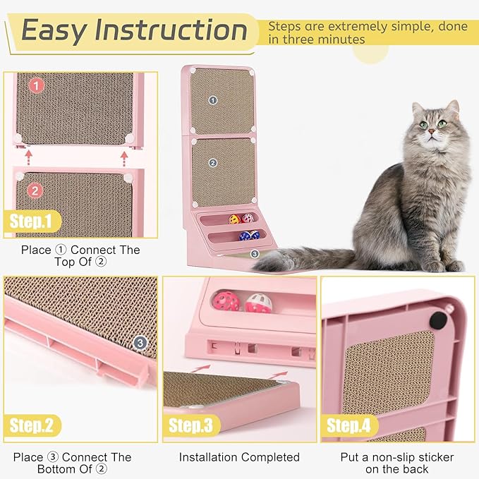 Cat Scratcher Cat Scratch Pad L Shape Wall Mounted Dual Use (Vert/Horiz) Kitten Bunifa Scratching Card Board Vertical Post with Ball Toys Feathers,Protecting Furniture Core is Replaceable Large Pink