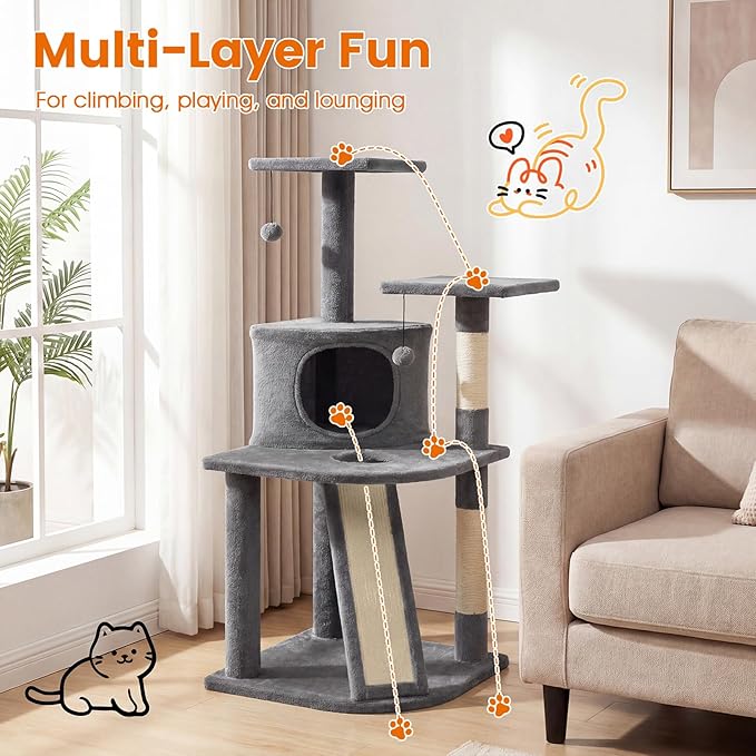 PETSITE 44-inch Multi-Level Cat Tree, Modern Cat Tower with Sisal Scratching Posts, Cozy Condo, Playful Cat Hole, Sisal Covered Ladder, and Dangling Ball, Ideal for Indoor Cats and Kittens (Grey)