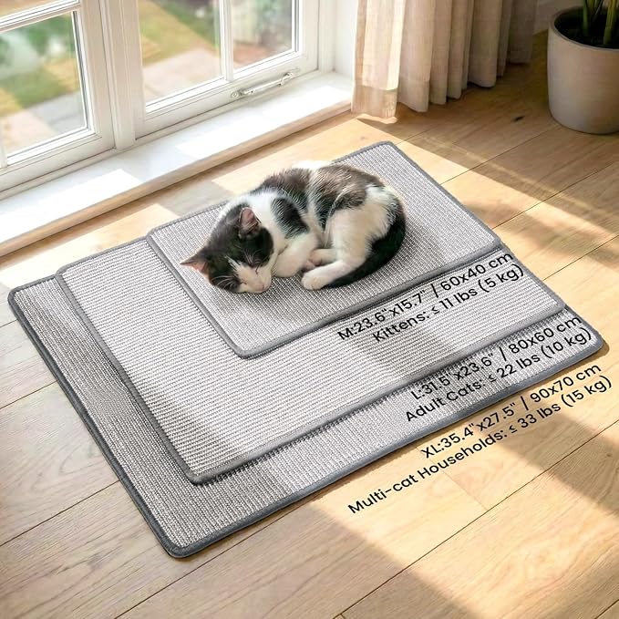 Cat Scratcher Mat,Natural Sisal Cat Scratch Pad with Hook&Loop Tape,Horizontal Floor Kitty Scratching Pads Rug for Indoor,Pet Furniture Protector for Couch&Carpets&Sofas, Large, Grey